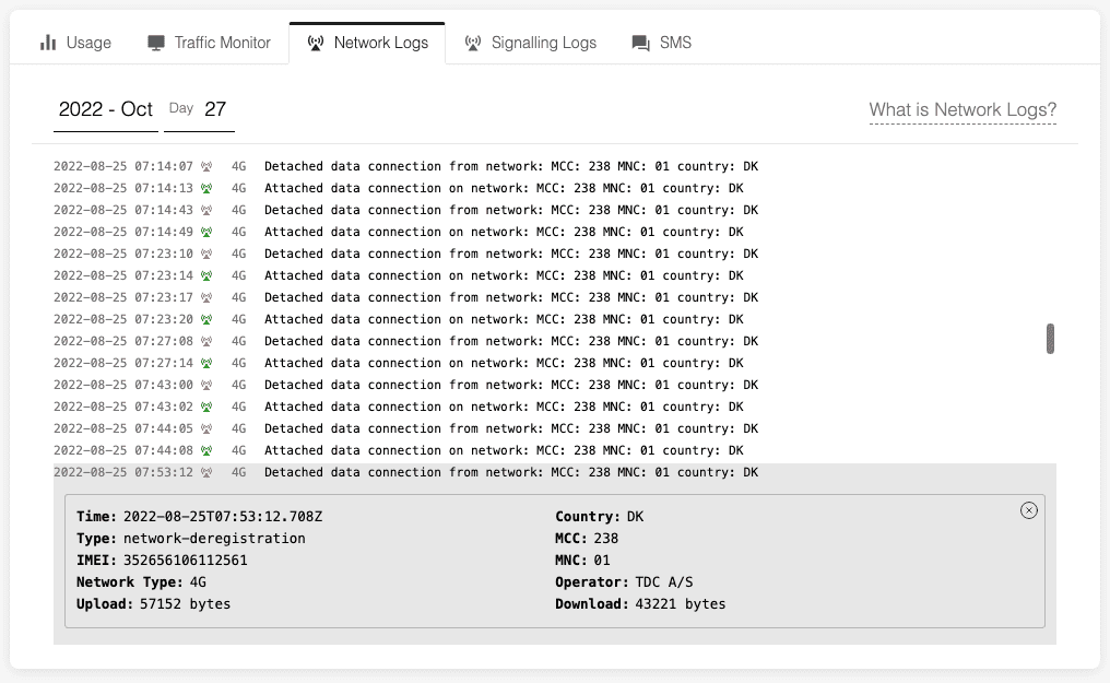 A detach network log with a lot of traffic in both upload and download.