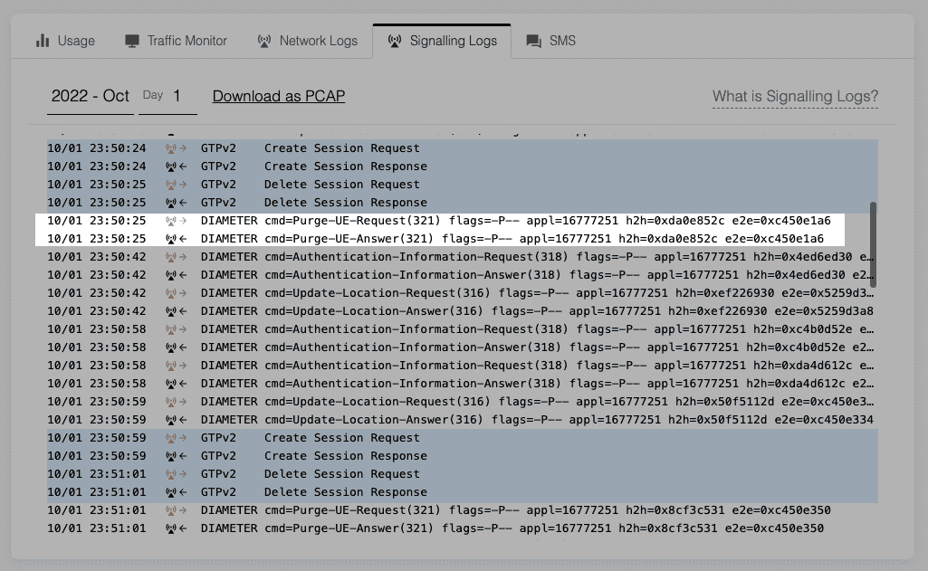 Signaling Logs showing a purgeUE request response.