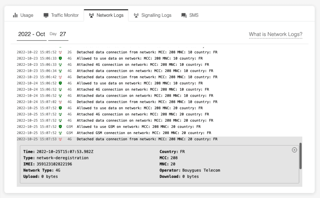 A data detach record with zero upload and zero download.