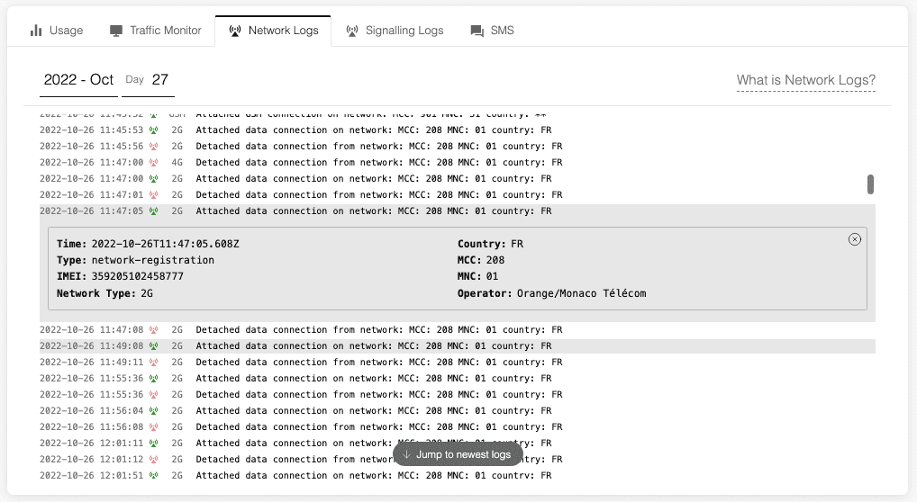 Attached data connection in Network Logs.